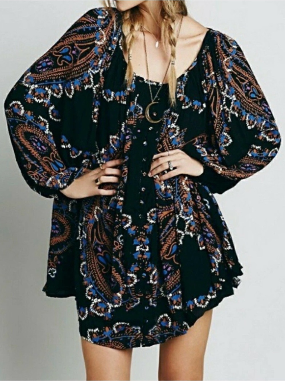 Read Free People Paisley Print Peasant Tunic Top Black Blue Orange Boho Size S
